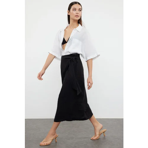 Trendyol Black 100% Linen Tie Midi Skirt