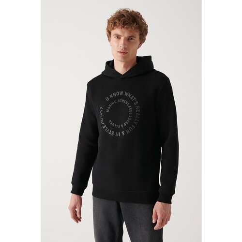 Avva Men's Black Hooded 3 Thread Fleece Inside Printed Standard Fit Regular Cut Sweatshirt Cene