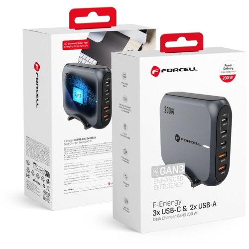 Forcell f-energy gan iii VT-51 desktop punjac 3 x type c + 2 x usb a pd QC4.0 SFC2.0 5A 200W sivi Slike