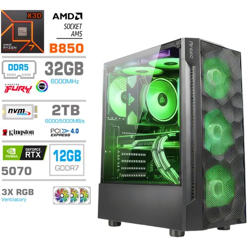 MEGA Računalnik MT S7 R7-7800X3D/RTX5070/32GB-DDR5/2TB-4.0/750W/Brez OS RGB + Estetski napajalni kabli [Zelena / Črna], (5000130893) Cene