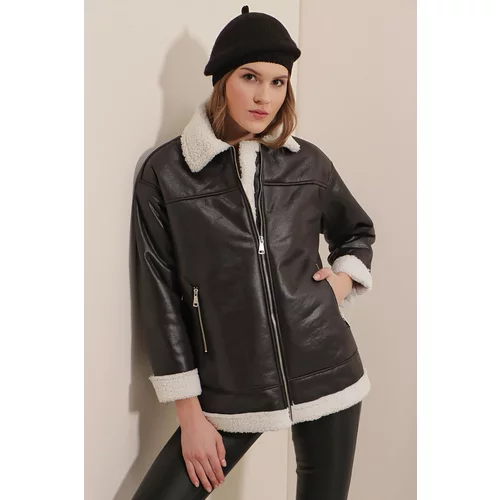Bigdart 9103 Faux Fur Coat with Zipper - Black
