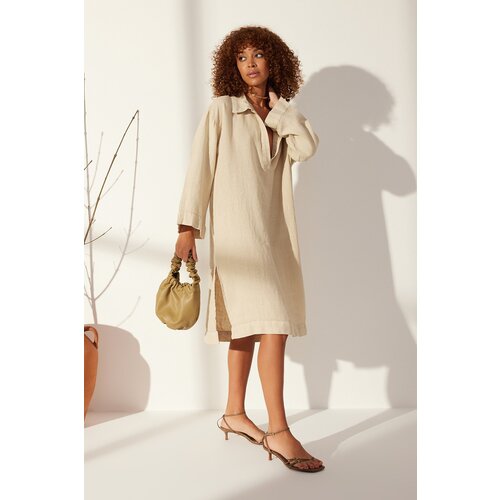 Trendyol Stone 100% Linen Midi Dress Slike