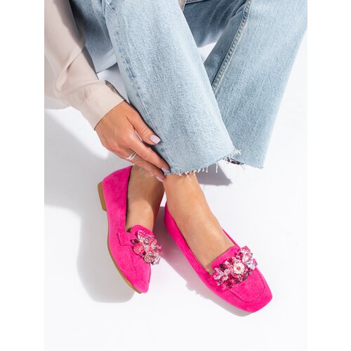 SHELOVET Suede moccasins with stones pink Slike