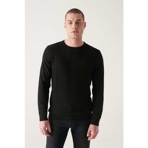 Avva Men's Black Crew Neck Cotton Textured Front Standard Fit Normal Cut Knitwear Sweater Slike