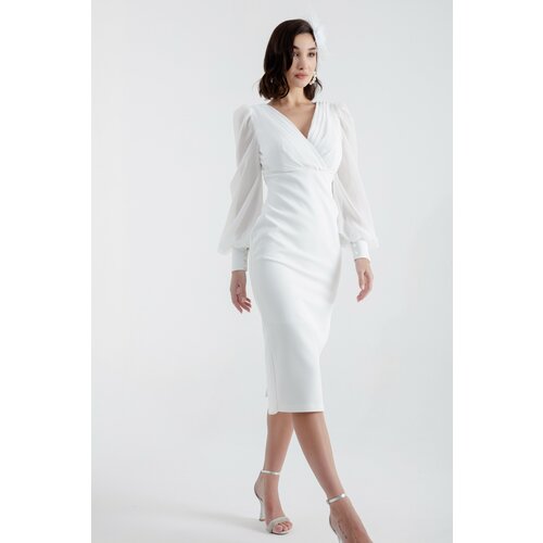 Lafaba Women's White Double Breasted Neck Midi Evening Dress Slike