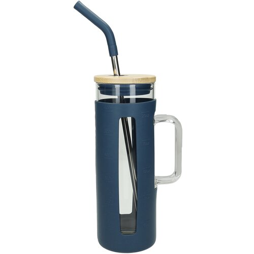 Brandani Kozarec s pokrovom in slamico Slim 600ml / moder / steklo, inox, silikon, les, (21317826) Cene