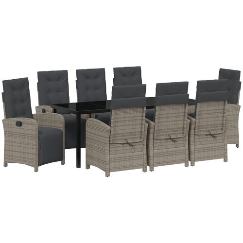 VidaXL 9-dijelni vrtni blagovaonski set s jastučićima sivi poli ratan, vrtni stol crni 200x80x73 cm staklo otporno na udarce Slike