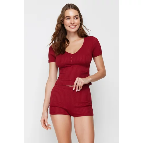 Trendyol Burgundy Button Detailed Ribbed Knitted Pajamas Set