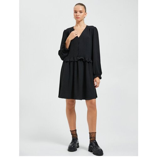 Koton Long Sleeve Midi Dress with Frilled Button Detail V-neck Slike