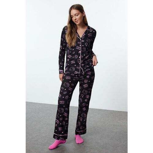 Trendyol Hello Kitty Licensed Black 100% Cotton Bias Knitted Pajama Set Slike