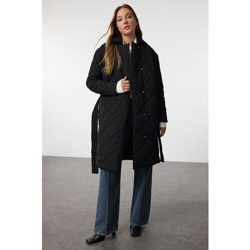 Trendyol Black Oversize Belted Long Quilted Puffer Coat Slike