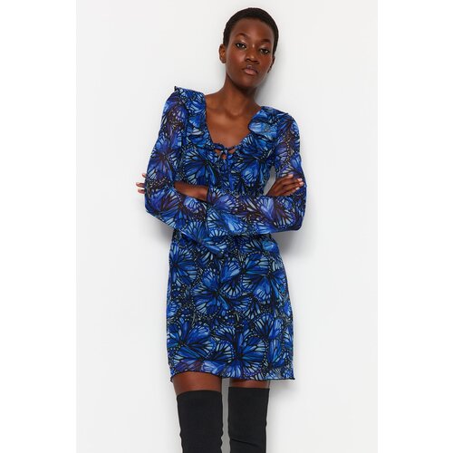 Trendyol Blue Printed Tulle Lined Mini Skater/Knitted Waist Dress with Tie Detail Slike