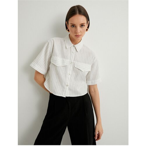  Crop Shirt Short Sleeve Pocket Detailed Buttoned Linen Blend Cene