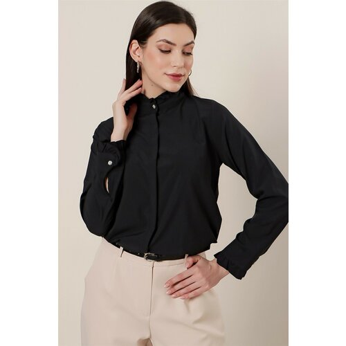 By Saygı Imported Micro-Crepe Shirt Black with Frills around the Collar and Sleeves. Cene