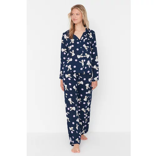 Trendyol Navy Blue Rabbit Printed Woven Pajamas Set