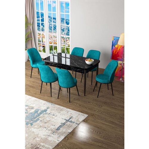 Hanah home Zen - Black Marble, Turquoise Black MarbleTurquoise Extendable Dining Table & Chairs Set (7 Pieces) Cene