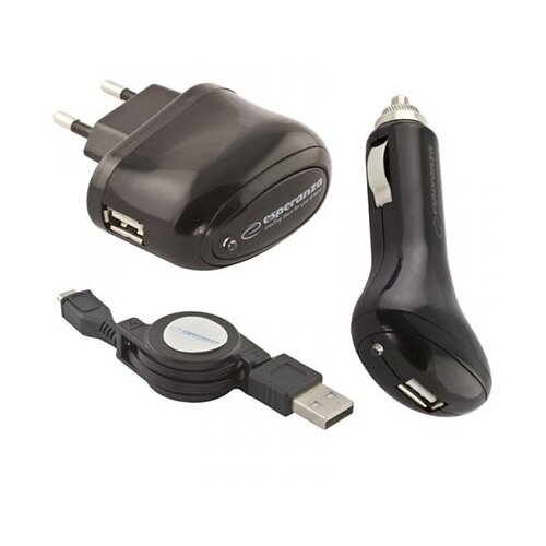  USB punjaci + microUSB kabl ESPERANZA, 3in1 set, DC 12-24V, AC 100-240V, out 5V/1000mA, EZ116 Cene