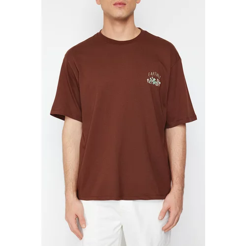 Trendyol Brown Men's Oversize Mushroom Embroidered 100% Cotton T-Shirt
