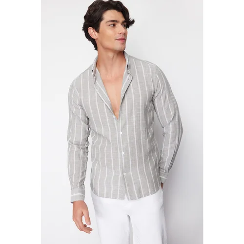 Trendyol Light Khaki Slim Fit Striped Shirt Trendyol Light Khaki Slim Fit Striped Shirt