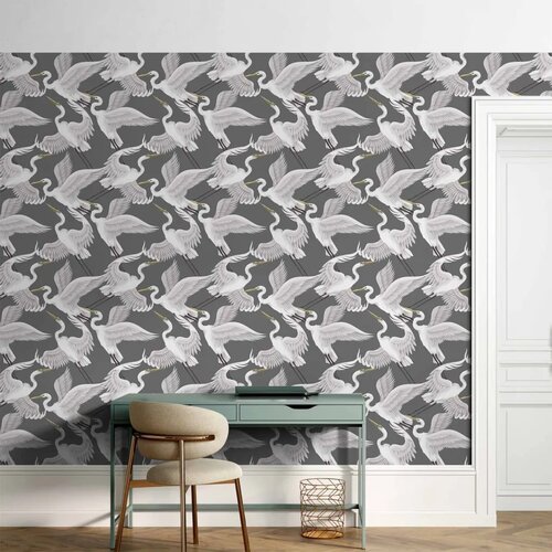  Tapeta - Flying birds &amp;ndash; a delicate pattern of white and grey herons on a grey background 50x1000 Standard Slike