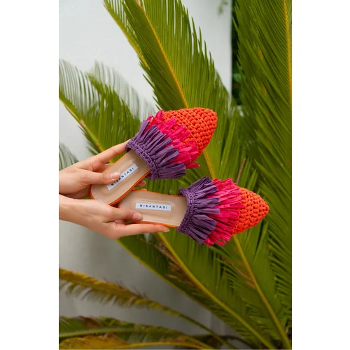 NİŞANTAŞI SHOES Viana Orange Knitted Purple Fuchsia Women's Slippers with Tassel Detail.