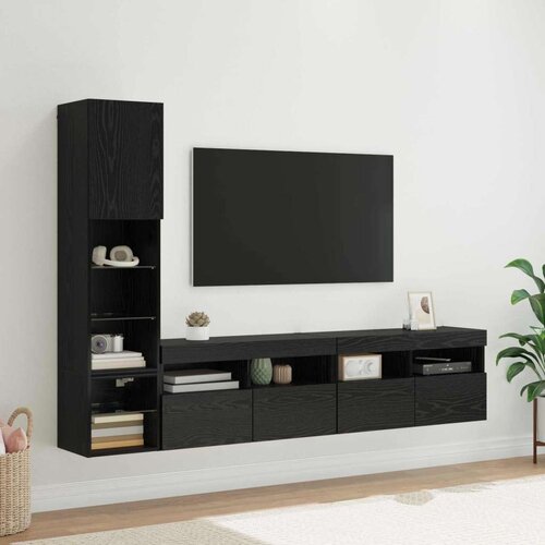 TV zidna enota z LED lučmi 4 pcs Črna Orehovina Konstruiran les, (5000132273) Cene