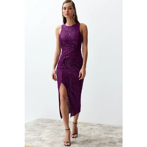 Trendyol Purple Body-Sitting Knitted Glitter Sequin Sequin Elegant Evening Dress