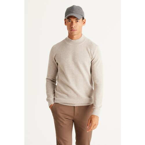 AC&Co / Altınyıldız Classics Men's Beige Melange Recycle Standard Fit Half Turtleneck Cotton Patterned Knitwear Sweater Slike