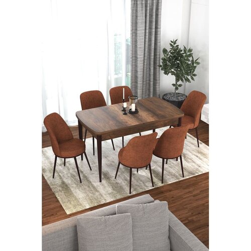 Hanah home trpezarijski set Via, sto na razvlačenje i 6 stolica, ploča u dekoru drveta Baroque, terakota tkanina Jerry Cene