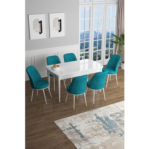 Hanah home Han - White, Turquoise WhiteTurquoise Extendable Dining Table & Chairs Set (7 Pieces) Cene