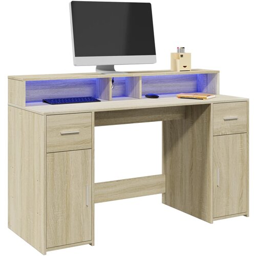 VidaXL Radni stol s LED svjetlima hrast 140x55x91 cm konstruirano drvo Slike