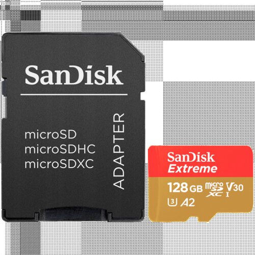 San Disk Extreme microSDXC 128GB + SD Adapter + 1 year RescuePRO Deluxe up to 190MBs & 90MBs ReadWrite speeds A2 C10 V30 UHS-I U3 ( SDSQXAA- Cene