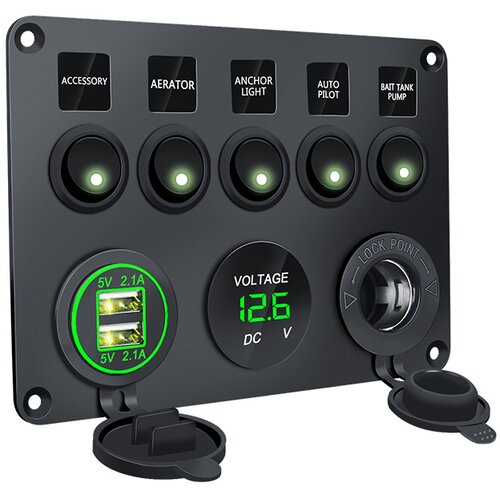 INF Plošča s stikali - 5 stikal, voltmeter, 2 vtičnici USB Black+Green, (22157267) Cene