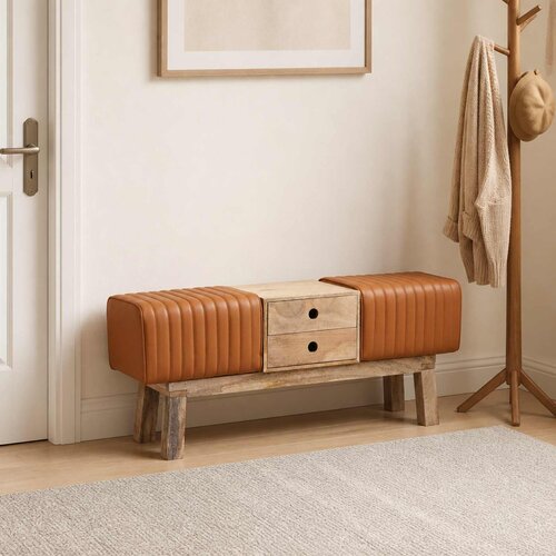 Klupa 110 x 30 x 45 cm Prava koža Smeđa Slike