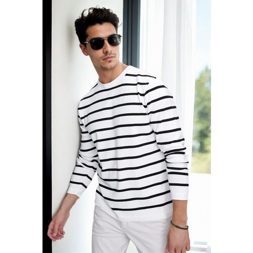 Dewberry 99741 Crew Neck Striped Casual Knitwear Sweater-EKRU Slike