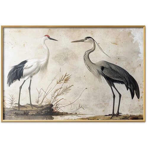  Plakat - Birds from an Old Engraving - vintage-style illustration of a heron and a crane 90x60 Zlatni okvir Slike