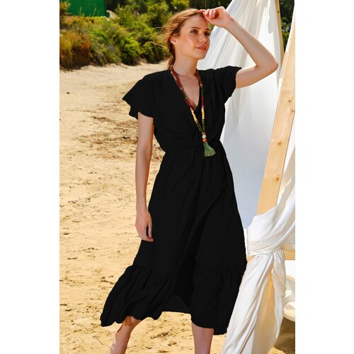 Trend Ala&amp;ccedil;atı Stili Women&amp;#039;s Black Striped Double Breasted Collar Maxi Length Crinkle Dress Slike