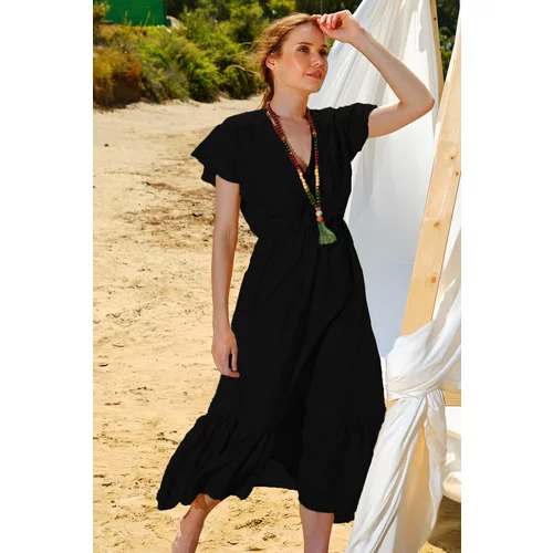 Trend Alaçatı Stili Women's Black Striped Double Breasted Collar Maxi Length Crinkle Dress