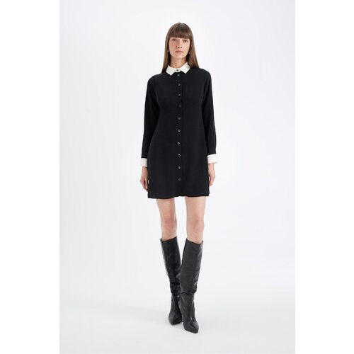 Defacto Shirt Collar Basic Plain Button Closure Crepe Long Sleeve Mini Black Dress Slike