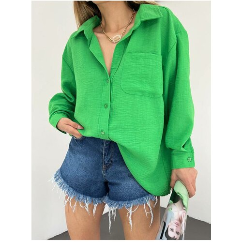 BİKELİFE Women's Green Single Pocket Oversize Linen Shirt Cene