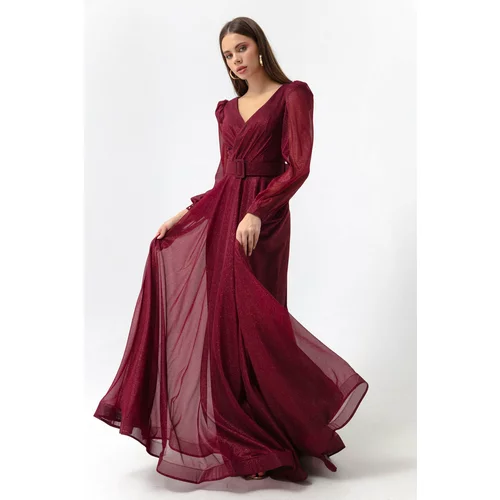 Lafaba Women's Claret Red Double Breasted Collar Glittery Long Flare Evening Dress.