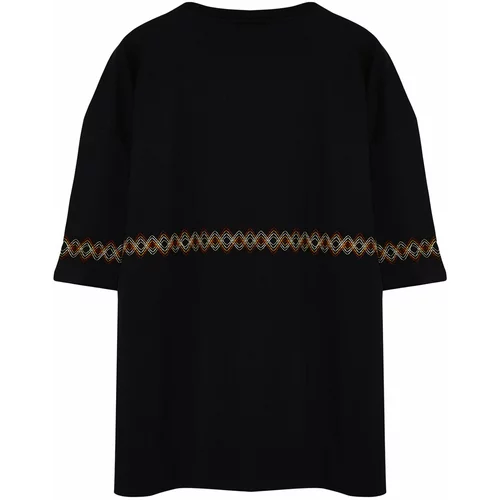 Trendyol Plus Size Men's Black Oversize/Wide Cut 100% Cotton Ethnic Embroidery Comfortable T-Shirt