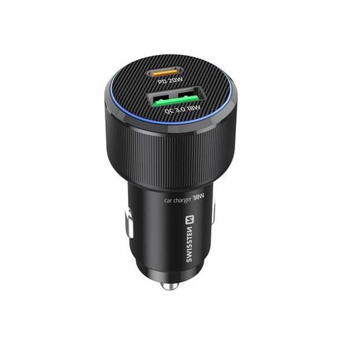 Swissten punjač za auto USB-C PD + USB-A, 38W CRNI + kabel USB-C USB-C, 1m Slike