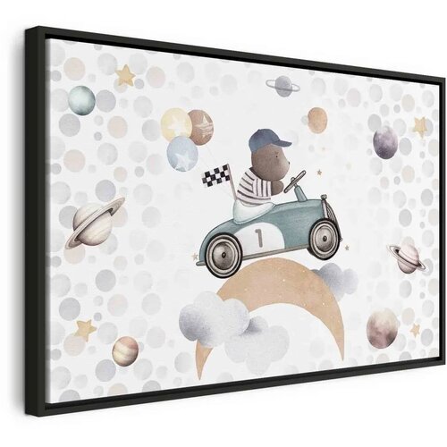  Slika - Galactic Races - A Bear Participating in Car Races Among Planets Clouds and Stars in Pastel Hues 60x40 U crnom drvenom o Cene