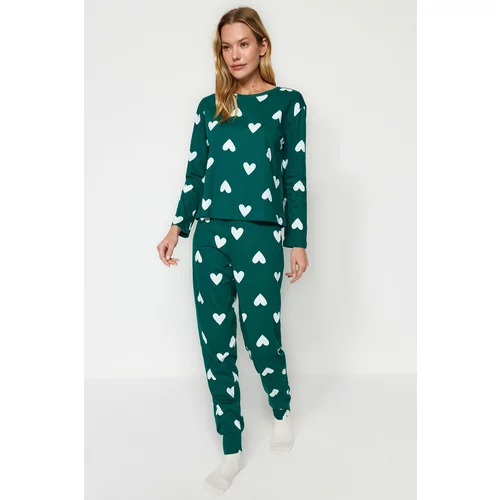 Trendyol Emerald Green 100% Cotton Heart Patterned T-shirt-Jogger Knitted Pajamas Set