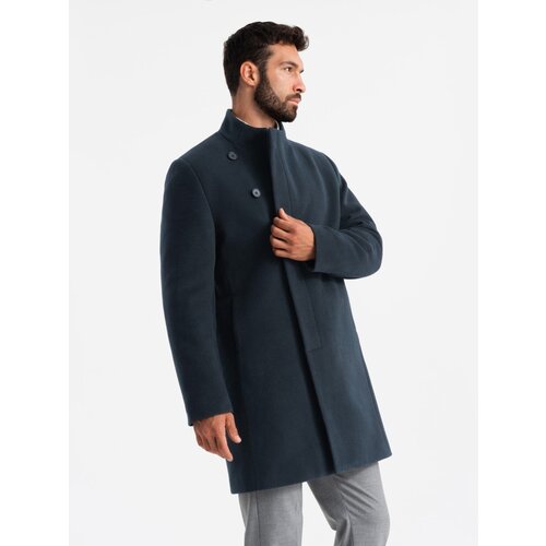 Ombre Men's coat with asymmetrical fastening and high collar - navy blue Slike