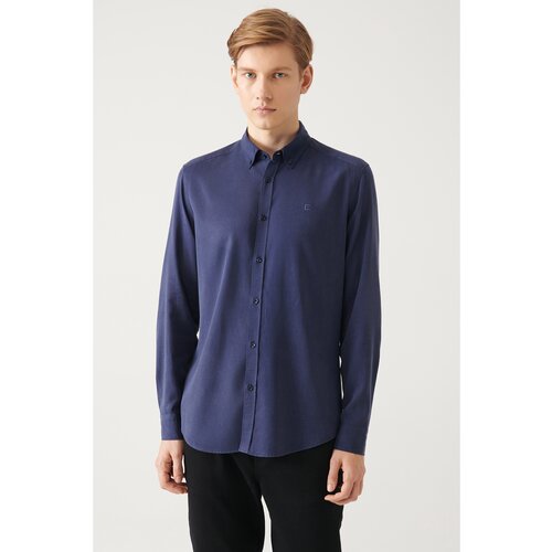 Avva Navy Blue Buttoned Collar Comfort Fit Tencel Shirt Slike