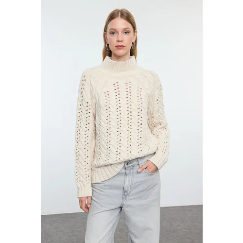 Trendyol Stone Wide Pattern Openwork/Hole Stand Collar Knitwear Sweater