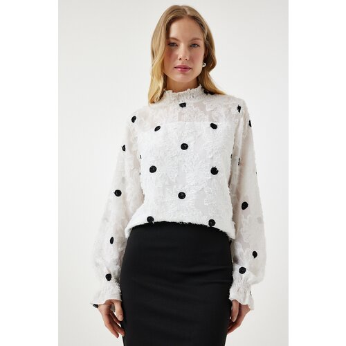 Women's White Marked Polka Dot Woven Blouse Slike