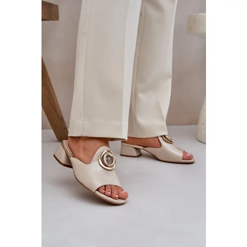 PE2 Elegant Ladies Slippers On Low Heel With Decoration Beige Feledis